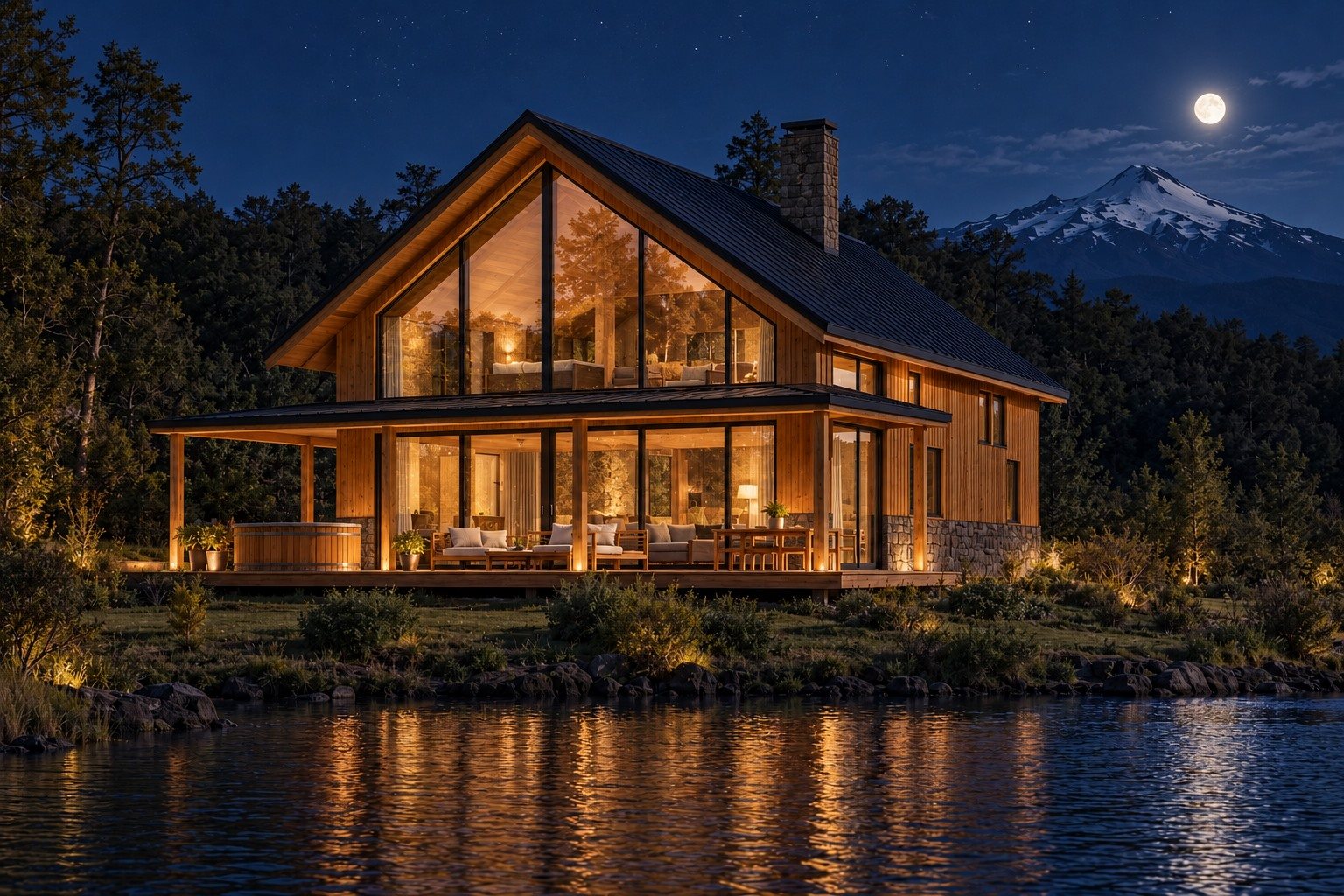 Chalet Araucaria de noche, iluminado desde adentro, con la luna sobre el volcán