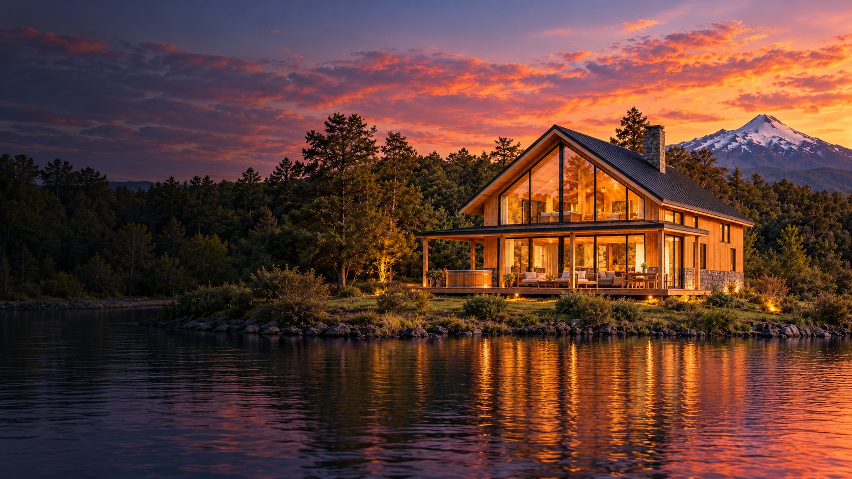 Chalet Araucaria al atardecer frente a un lago, con el ventanal iluminado y un volcán nevado al fondo